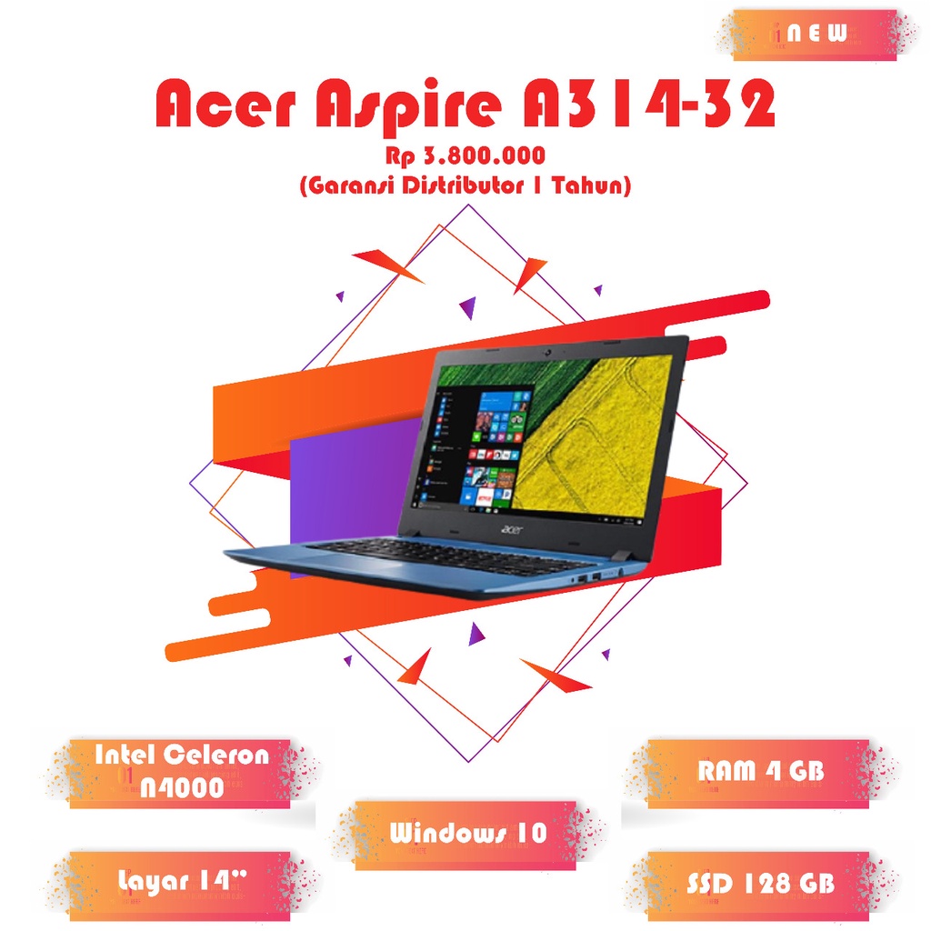 Termurah Laptop Acer Aspire A314 RAM 4GB SSD 128GB 14" Slim Windows 10 3 jutaan Baru