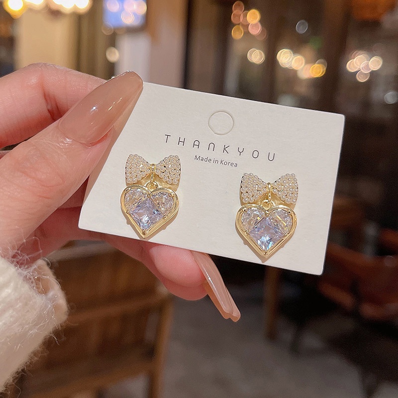 Anting Tusuk Sterling silver 925 Desain Pita Hias Mutiara + Zircon Untuk Wanita