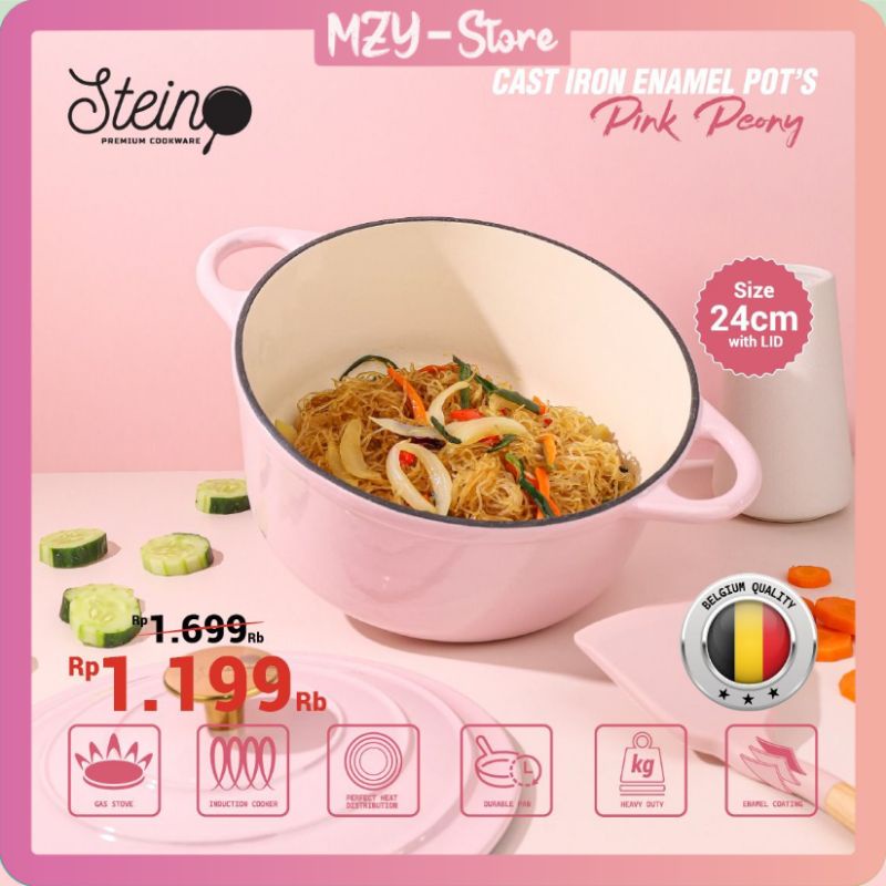 (Free Soup Spatula + Nylon) Stein Cast Iron Enamel Pot Pink Peony Steincookware Panci Pot 24 Cm Enamel Pink Peony