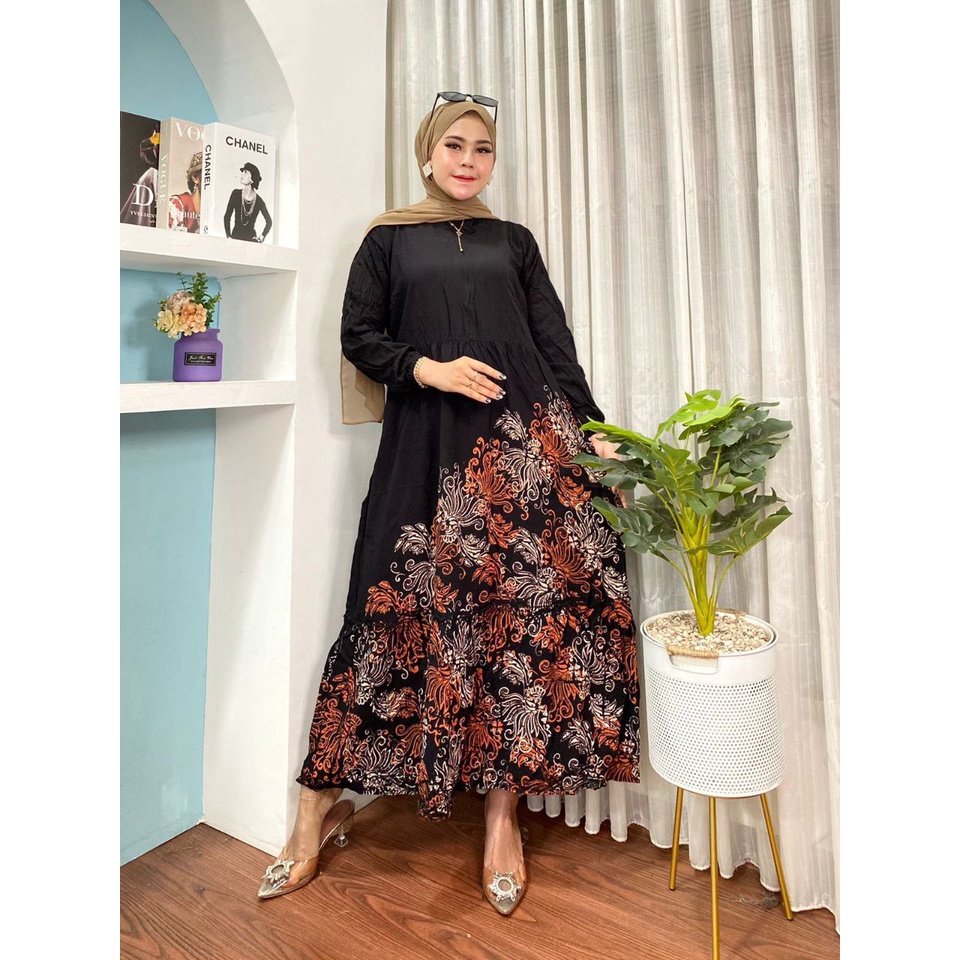 GAMIS RAYON MALAMAN MOTIF BLACK MAMBO RESLETING BUSUI BUMIL KEKINIAN DRESS WANITA SYARI VIRAL TERBARU