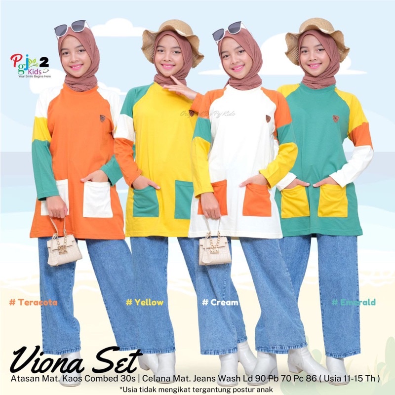 VIONA. kaos setelan celana jeans kulot. anak remaja usia 11 12 13 14 15 tahun Allsize