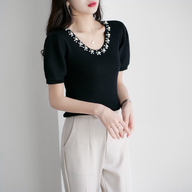 【Elegant】Korean Retro Soft Knit V Neck T-Shirt 2354