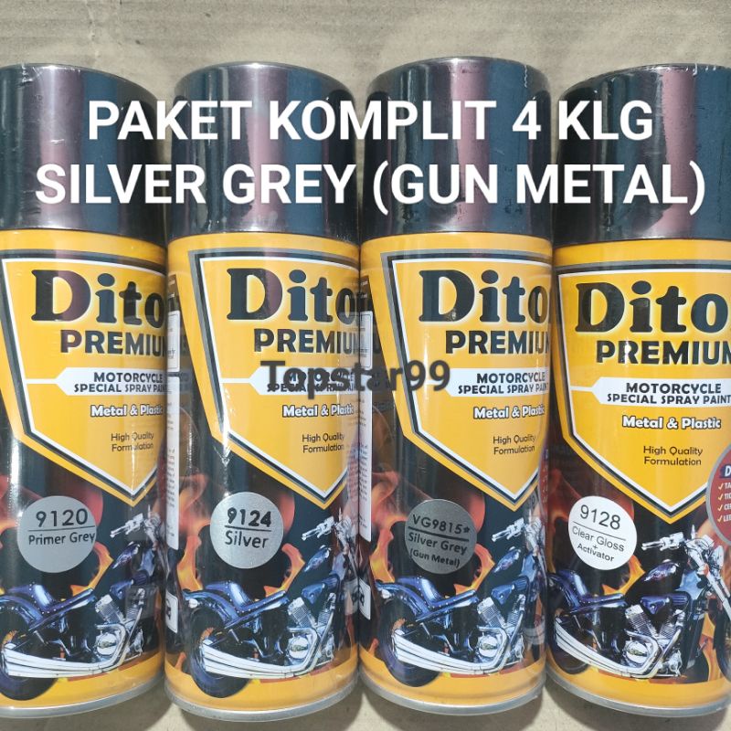 Pilok Cat Diton Premium Paket Komplit 4 Kaleng Silver Grey (Gun Metal) Abu Abu Perak 9815 Primer Grey 9120 Silver 9124 Clear Gloss 9128 400cc Pilox Paketan Cat Semprot Special Spray Paint