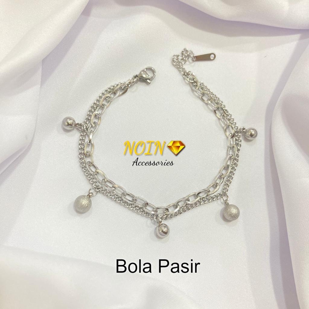 Gelang Titanium Wanita Rantai Bola Pasir 2 Layer Silver K-Style Anti Karat