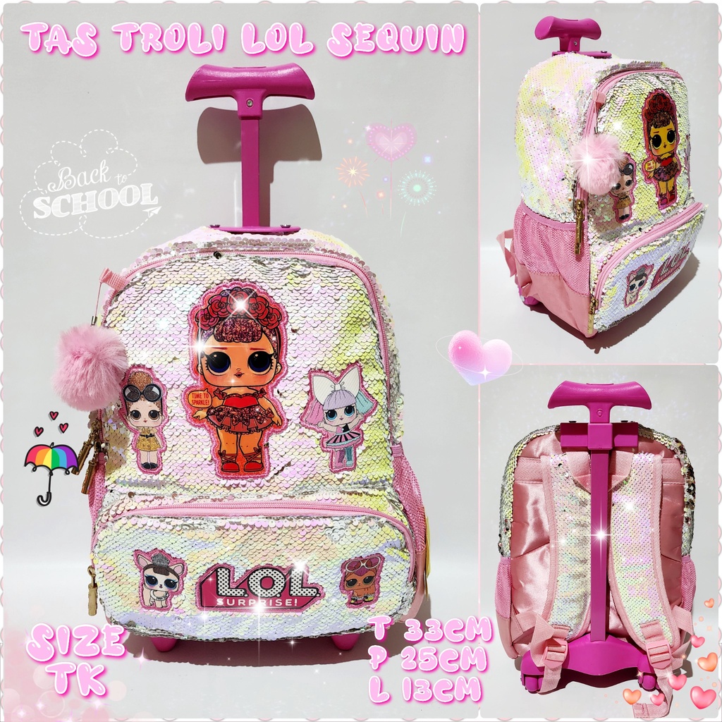 Tas Sekolah Troli Anak SD dan TK Motif Unicorn dan LOL Tas Trolley Dorong Sequin Usap Anak Perempuan Tas import