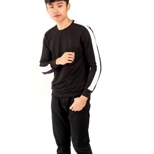 Sweater pria lengan panjang hitam list putih