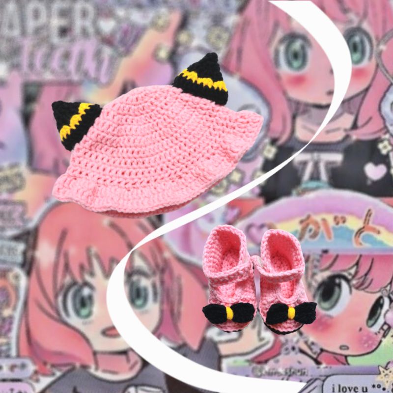 HANDMADE ANYA FORGER BUCKET HAT CROCHET/TOPI RAJUT LUCU/CUTE HAT/TOPI RAJUT ANIME ANAK LUCU MURAH/TO