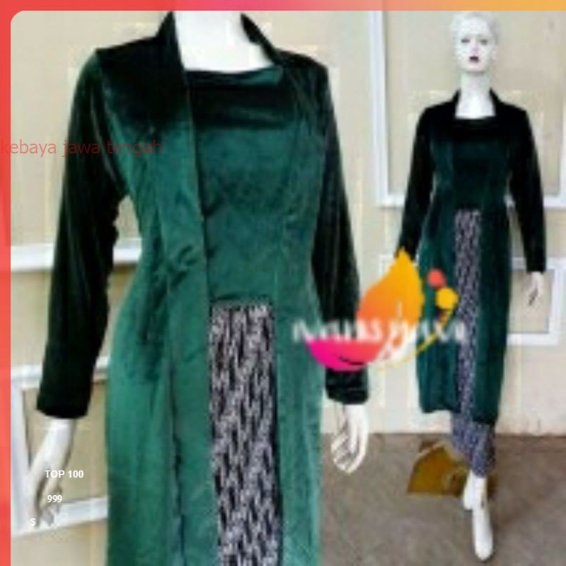 Kebaya Bludru Kutu Baru ModeL Body Panjang, Warna Hijau BotoL Kebaya Bludru Kebaya Bludru