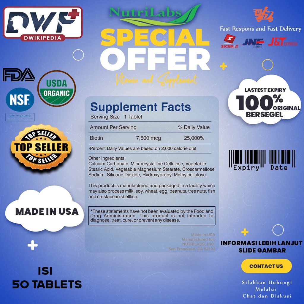 Nutrilabs Biotin 7500 mcg isi 50 Original USA