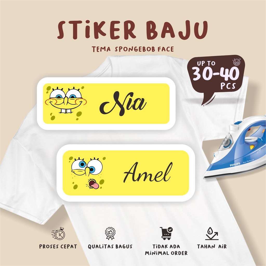 

(30-40pcs) cetak stiker sablon setrika murah tema SPONGEBOB FACE / Sablon Setrika Name /Label Sticker Iron on sticker a/