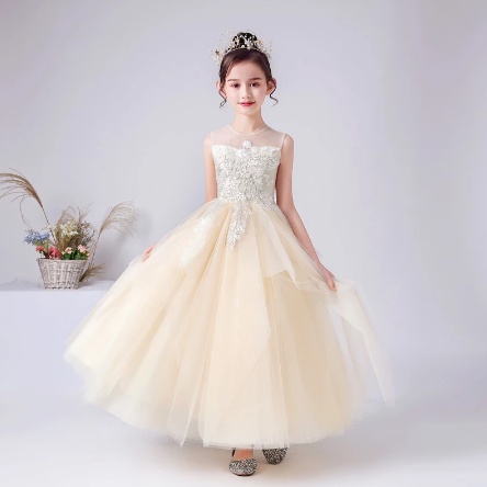 Gaun anak - Gaun Gadis Bunga Tulle Gaun Putri Applique Gaun Pengiring Pengantin Junior Panjang pesta ulang tahun anak