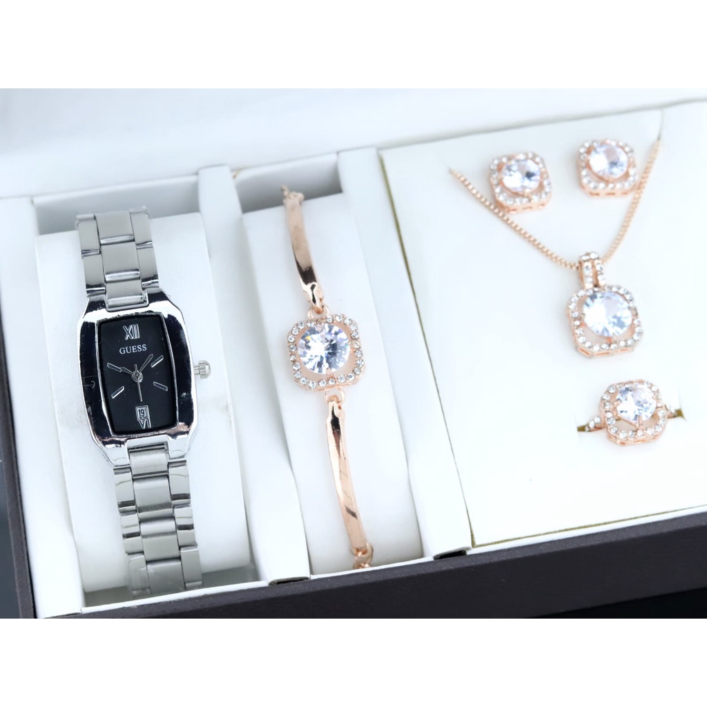 Jam tangan wanita Fullset Kalung Cincin Anting Dan Gelang Strap Rantai Tanggal Aktif