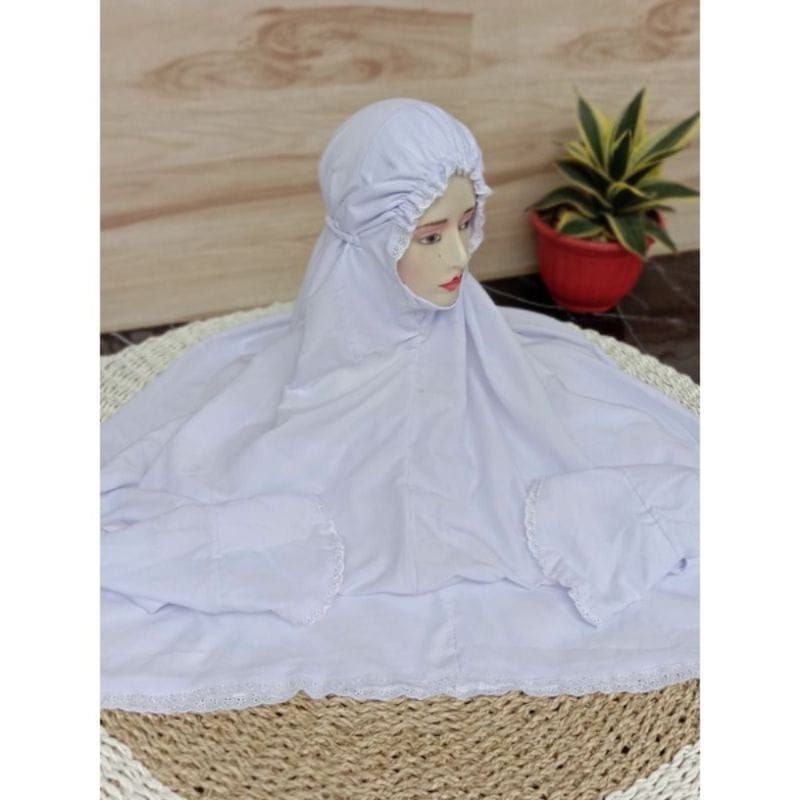 mukena putih polos lajuran terusan/mukena terusan renda polino/mukena kudus