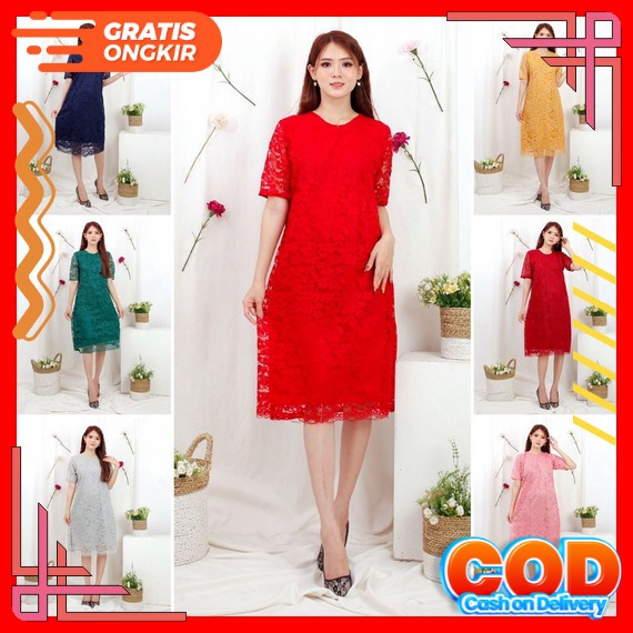 Dress Wanita Terbaru 2022 Kekinian Brukat Midi Pesta Import Simple Selutut Dewasa Gereja Elegan Jumb