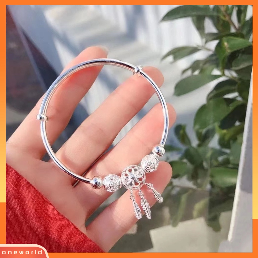 Gelang Bangle Adjustable Bentuk Lingkaran Hias Manik-Manik Bulu Rumbai Warna Silver Untuk Wanita