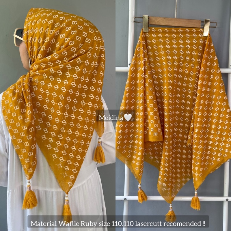 hijab segi empat wafle motif 8 jambul tassel mutiara