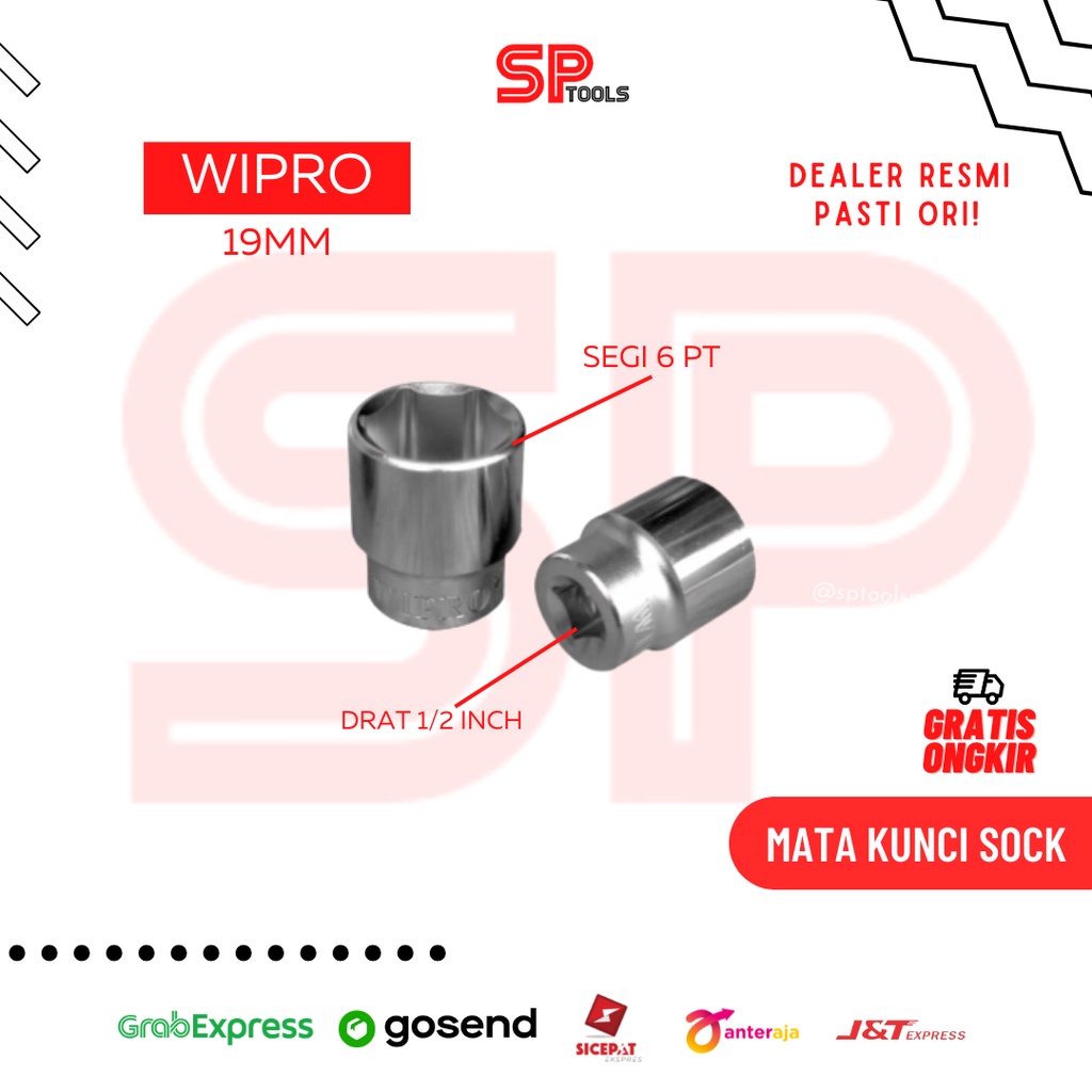 MATA KUNCI SOK / SOCKET / SHOCK / SOCK 19MM DRAT 1/2" 1/2 INCH SEGI 6 / 6 PT WIPRO