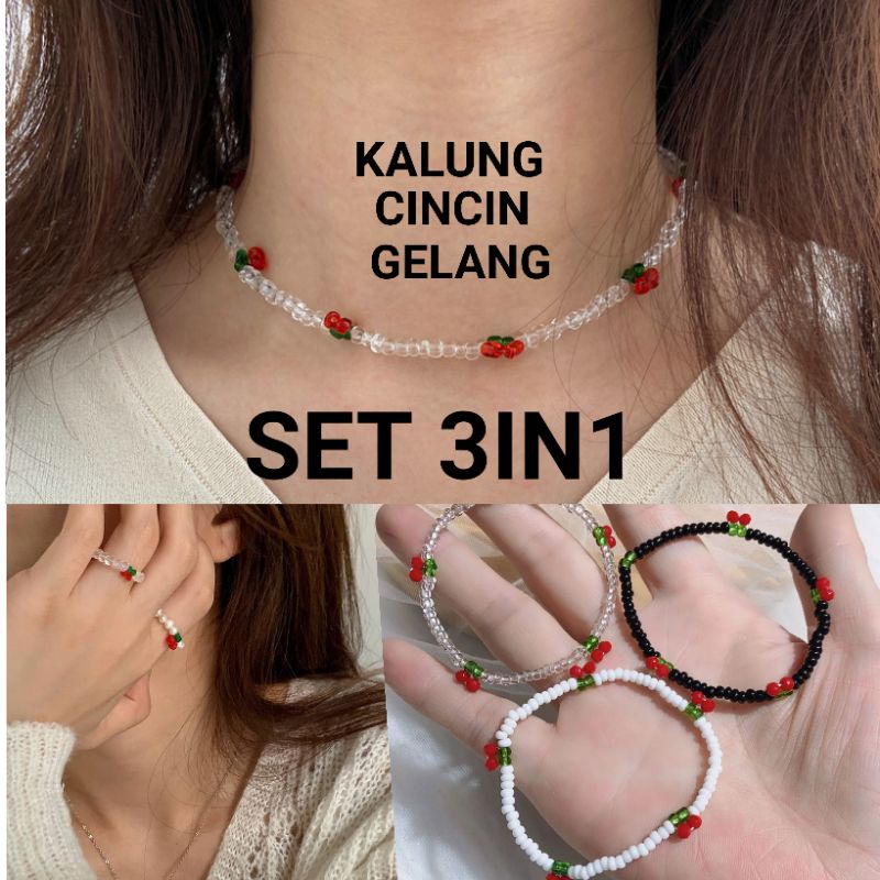 1SET 3IN1 KALUNG GELANG CINCIN DAPAT 3 MANIK CHERRY IMPORT TRENDY