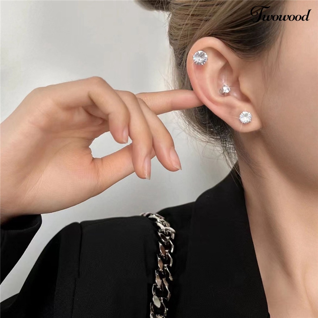 4 Pcs Anting Klip Telinga Bentuk Bulat Bahan Cubic Zirconia Gaya Korea