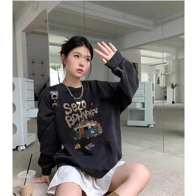 EUNII Sweater Lengan Panjang Cartoon Desert Bus Painting Korean Style/Hoodie Oversize/Baju Wanita/Switer Wanita