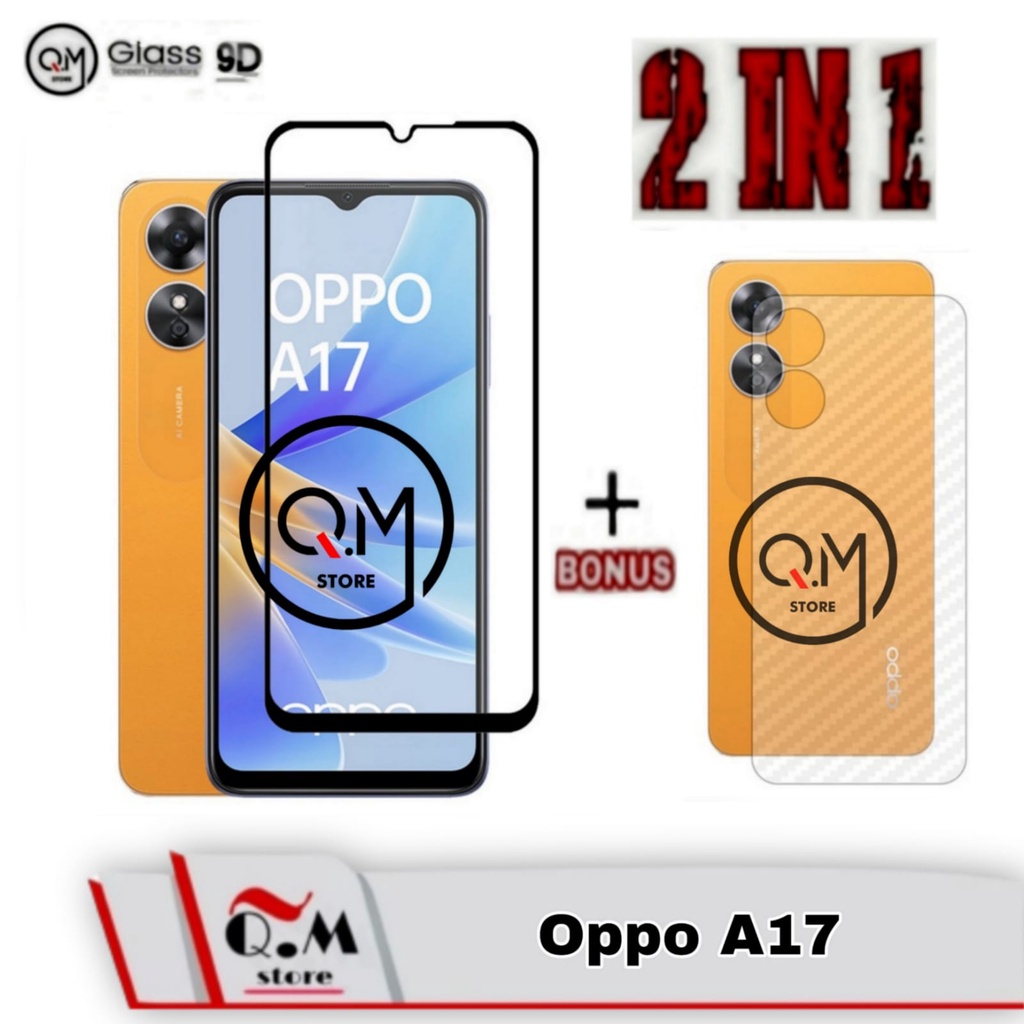 Paket 2 in1 Tempered Glass Layar  Oppo A17 New 2022 Anti Gores  Screen Guard Free Skin Carbon Garskin