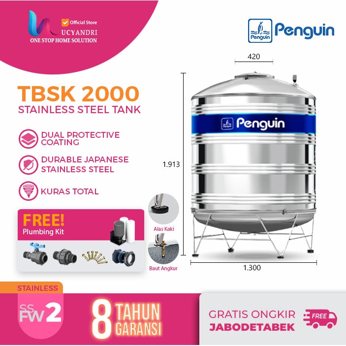 Tangki Air, Toren Air, Tandon Air Penguin Stainless Steel TBSK 2000 FREE ONGKIR