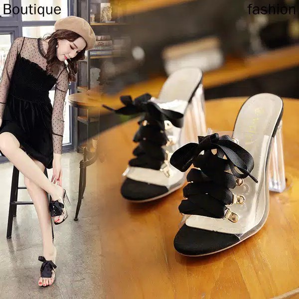 Sendal Heels Wanita Hak kaca Motif Tali Pita DM 018