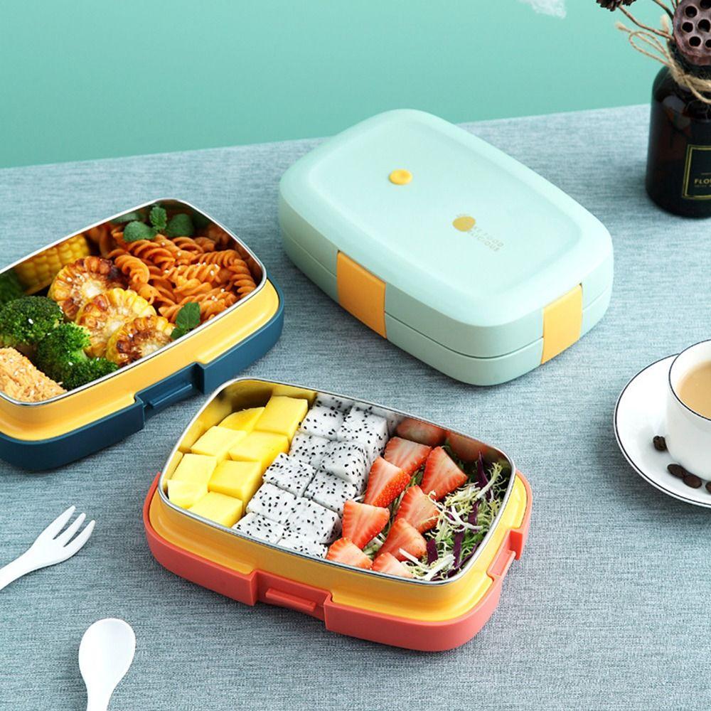 R-FLOWER Lunch Box Microwavable Rectangle Grid Untuk Siswa Pekerja Kantor Wadah Makanan