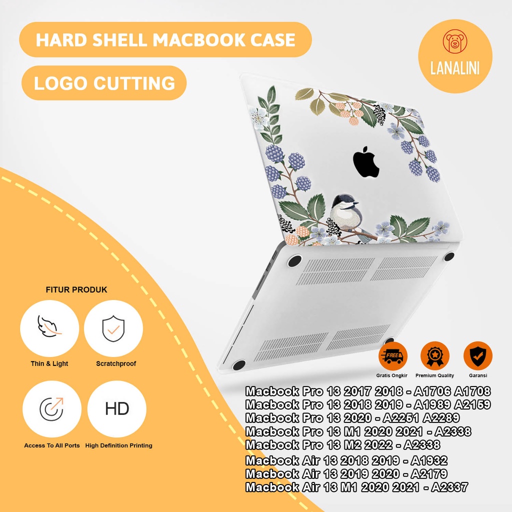 Case Casing Protective Aksesoris Pelindung Laptop Macbook Air Pro 13 inch in M1 M2 2017 2018 2019 2020 2021 A1932 A2179 A2337 A1706 A1708 A1989 A2159 A2251 A2289 A2338 Gambar Burung Bunga Motif Lucu Cute Hardcase Hard Case Premium Murah Logo Lubang Tampak