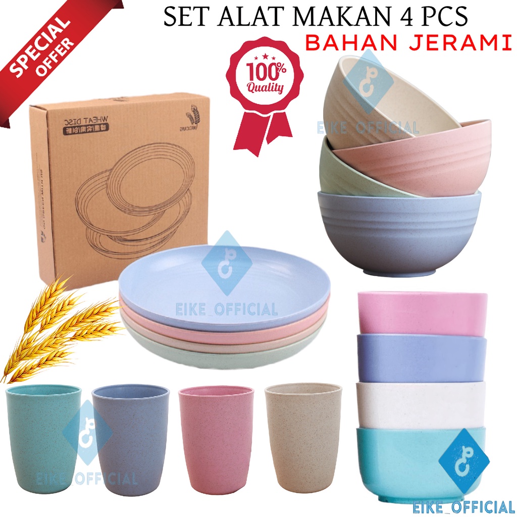 [EIKE] MANGKOK MAKAN SET ISI 4 WHEAT STRAW BAHAN JERAMI FOOD GRADE / GELAS MINUM ISI 4 PCS / PIRING MAKAN BAHAN JERAMI ISI 4 PCS