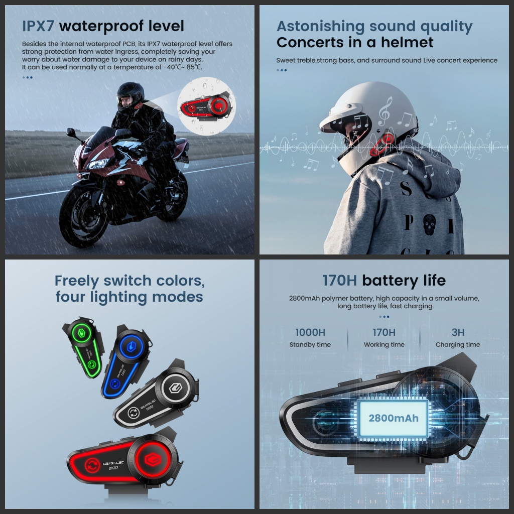 Gearelec intercom BT5.2 DK02 Helm Bluetooth Headset Hands Free Call Kit IPX7 Tahan Air 2800mAh