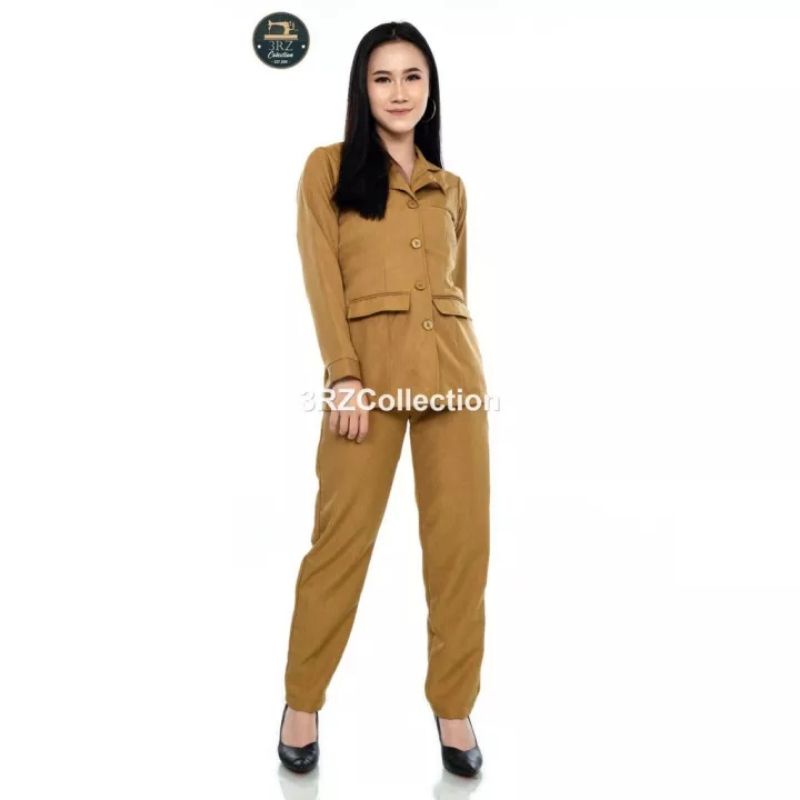 DISKON SETELAN BAJU SERAGAM DINAS PNS PEMDA BLAZER GURU COKLAT WANITA ROK DAN CELANA PANJANG