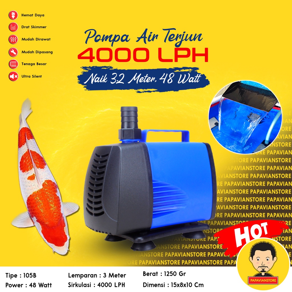 Pompa Mesin Filter Air Kolam Ikan Hias Koi Aquarium Tank Predator Submersible Hidroponik Hydroponic Water Pump Celup Waterfall Air Terjun Rendam - 4000 LPH Liter Per Jam 3 Meter Low Watt Rendah Daya Ketinggian 3m P019