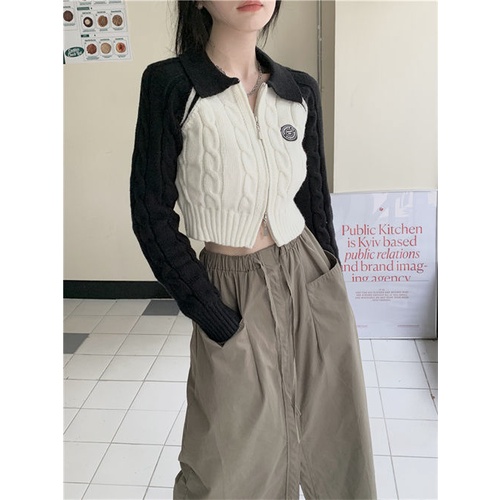 Jaket Sweater Ritsleting Gaya Amerika Wanita Musim Gugur Baru Slim Rajutan Cardigan Bawahan Atasan Lengan Panjang