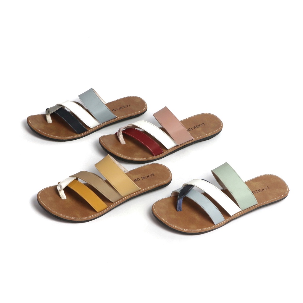 Sandal Kulit Wanita Sandal Jepit Tali Wanita Sandal Jepit Slop Slide Wanita Flat Motif Kombinasi Look Up - AURA