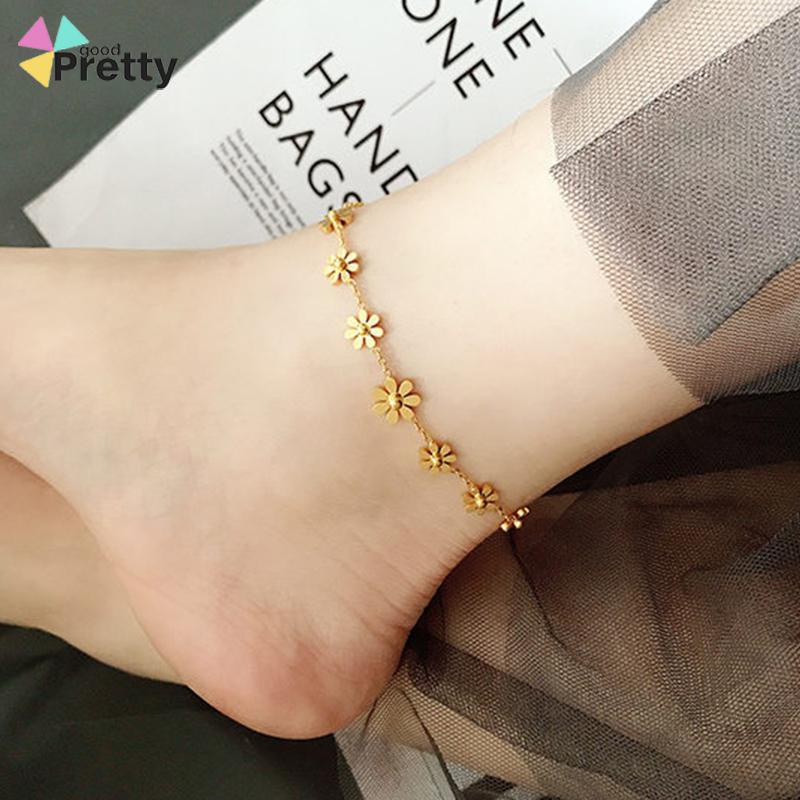 Gelang Kaki Titanium Anti Karat Daisy Bunga Kamelia Emas 18k Perhiasan Wanita Korea - PD