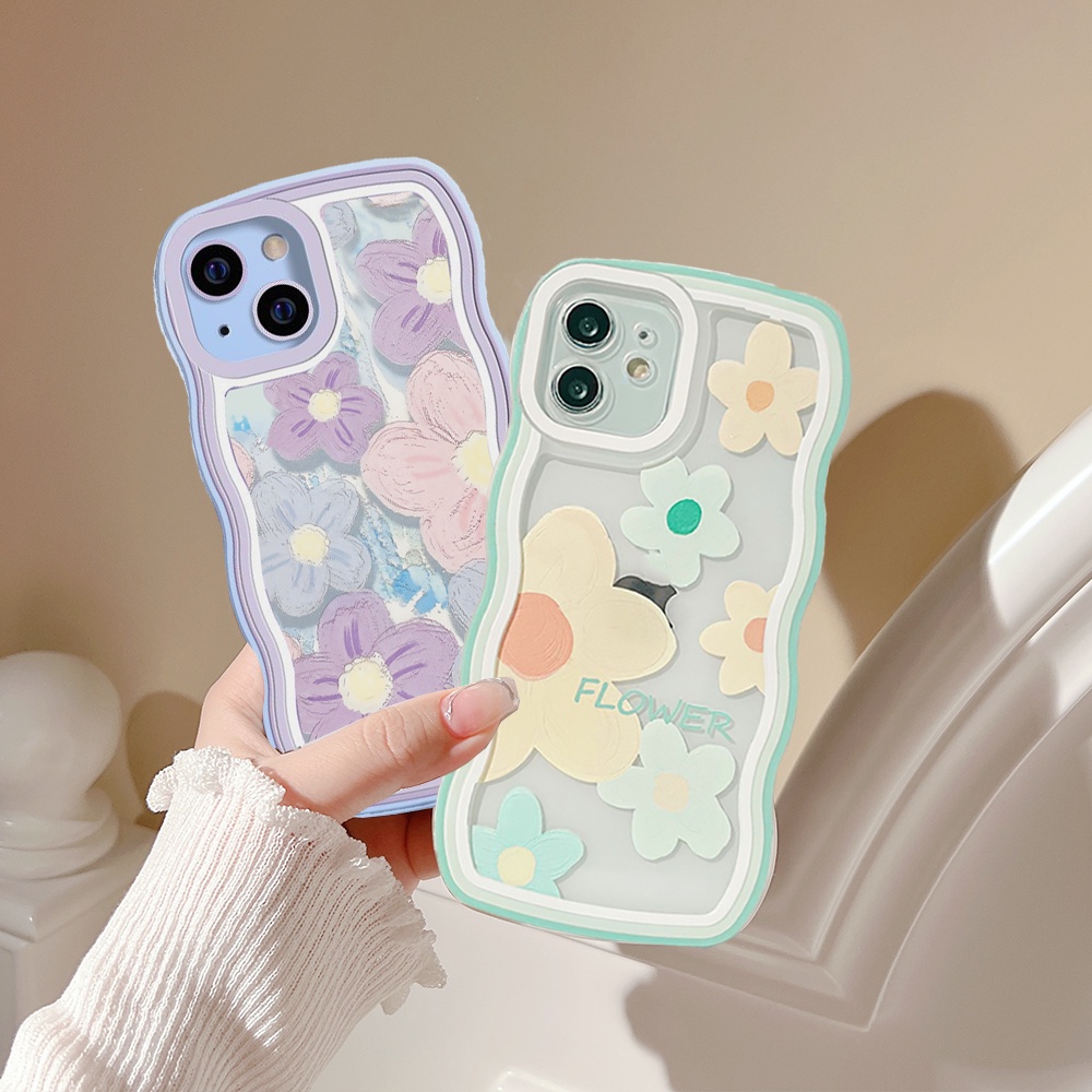 Realme 10 C55 C35 C33 C31 C30 Realme 9i 6i 5i 7i C15 C25sC12 C25 Realme C21Y C25Y C11 2021 C20 C3 C1 Wavy Frame Case Retro Ungu Putih Bunga Lembut TPU Shockproof Phone Cover BY