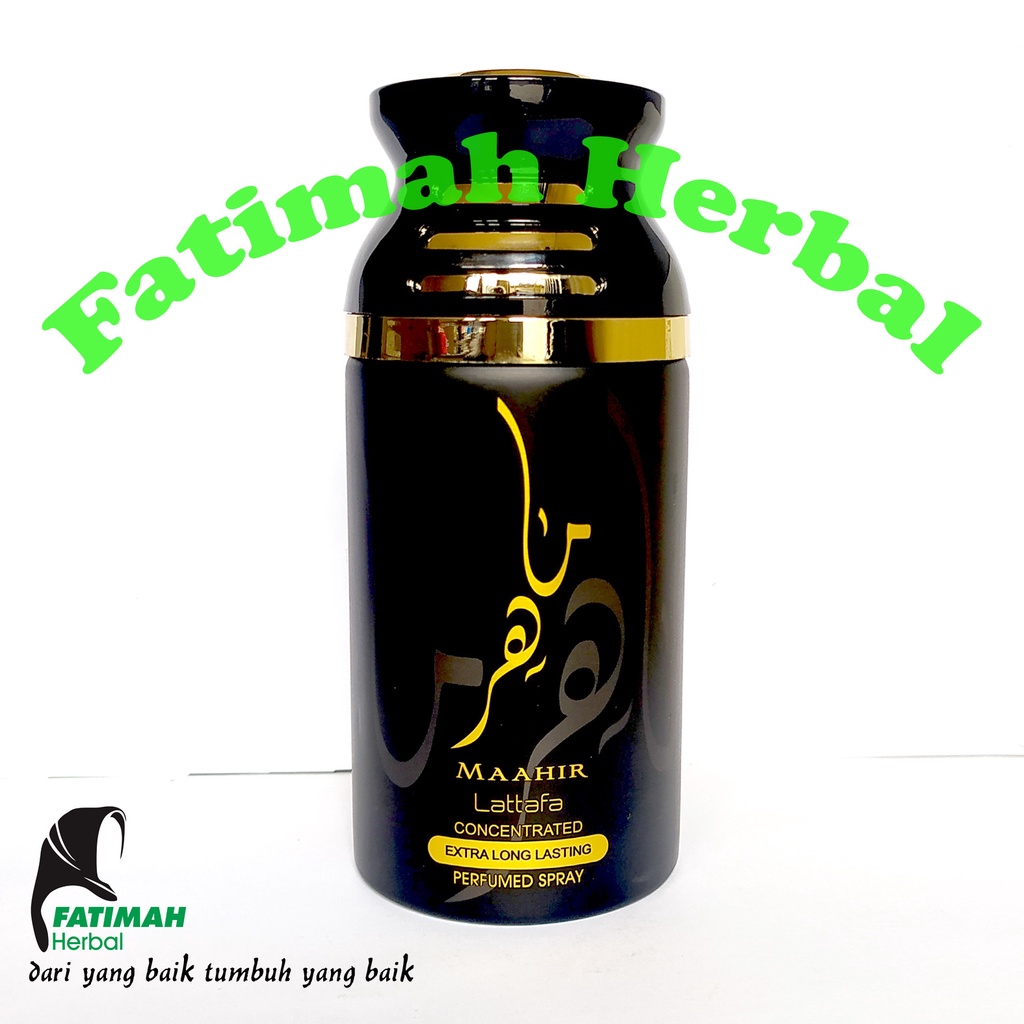 Perfumed Spray Deodorant Maahir Lattafa  Isi : 250 ml  Deodoran Lattafa Maahir Black adalah wewangia