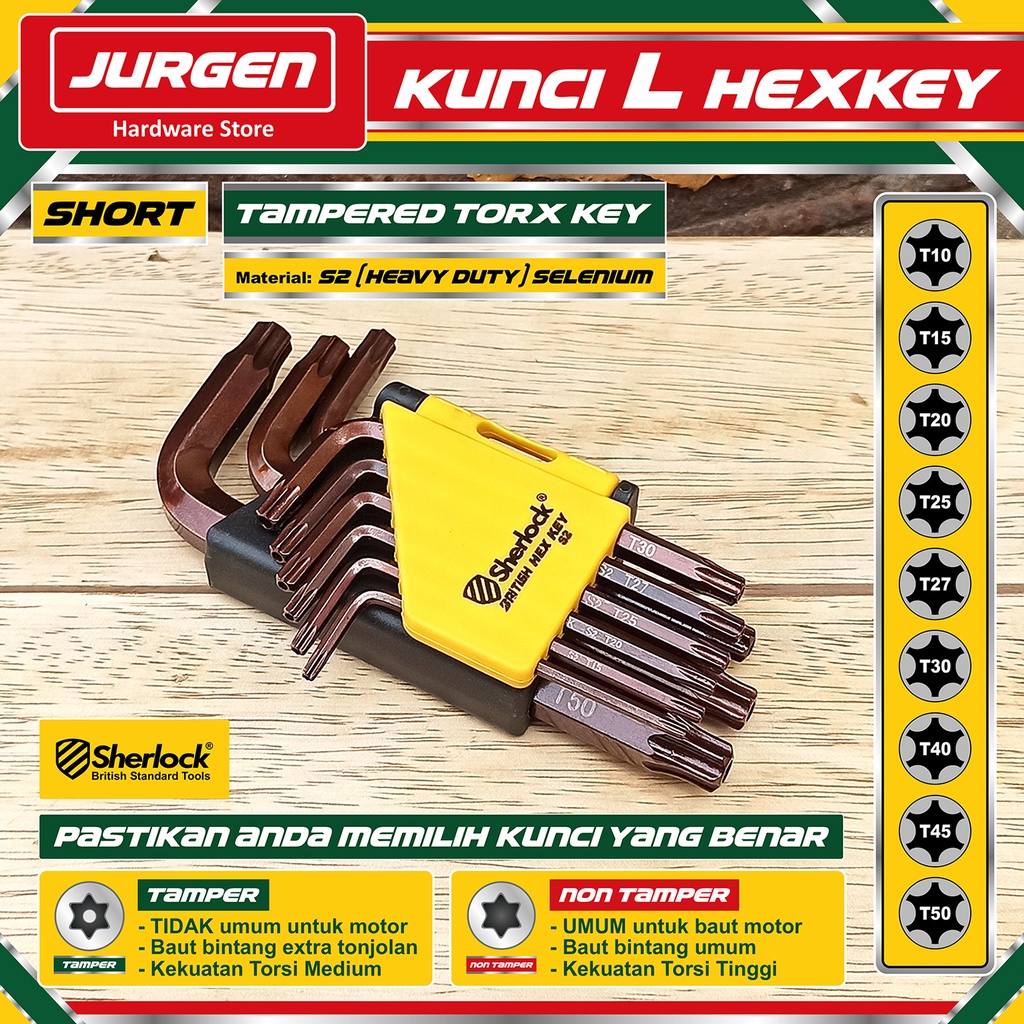 Sherlock Kunci L Set Bintang 9 Pcs mm (Pendek) / Kunci L Tamper Lubang Sherlock Ori