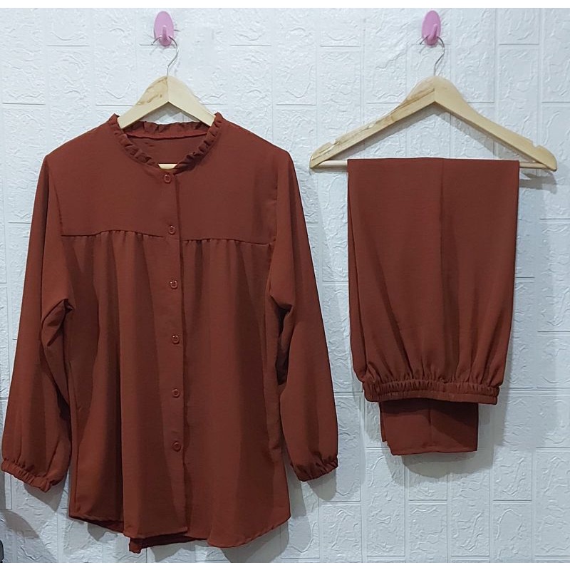 ONE SET RAYON CRINKLE AIRFLOW SETELAN // SETELAN RAYON CRINKLE AIRFLOW// DRESS RAYON // SETELAN RAYON  //BUSUI FRIENDLY//PIYAMA//PREMIUM//HOMEY//BUSUI-Caramel