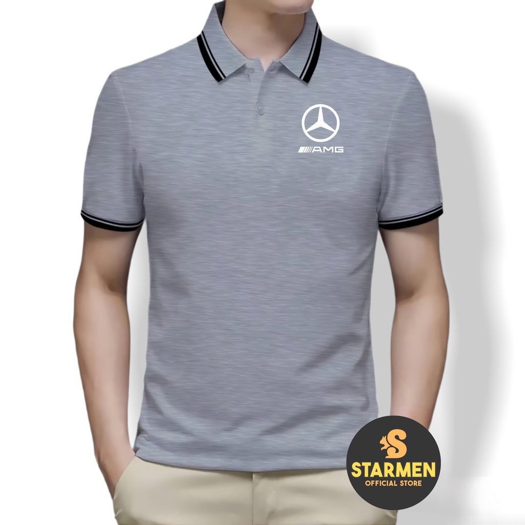 Kaos Polo Shirt Pria Kerah List Putih logo AMG