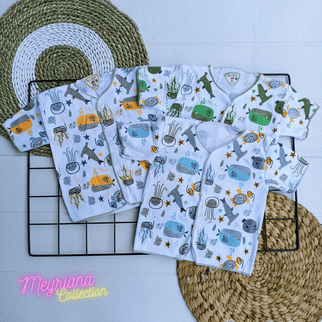 3 PCS Baju Bayi Baru Lahir Lengan Pendek Tema Ocean Kulitas Premium SNI Meyriana Collection