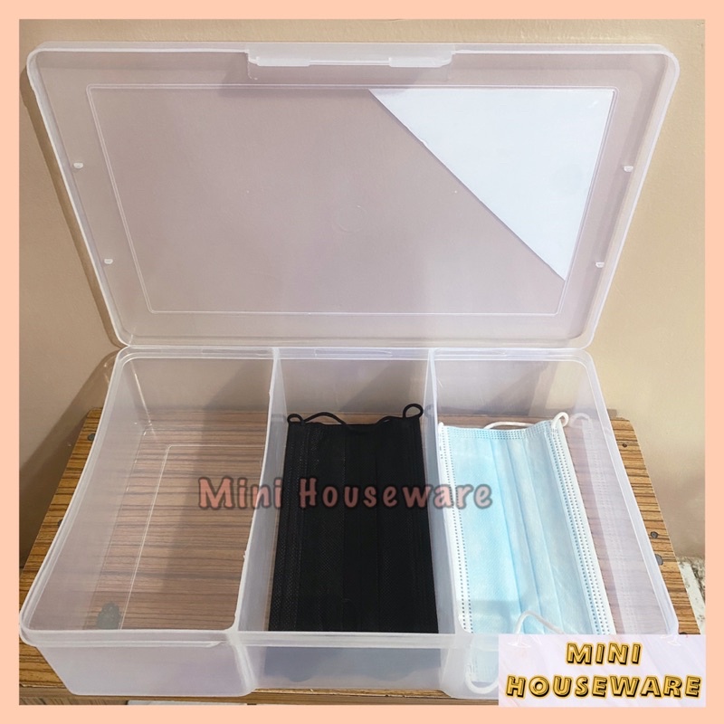 Kotak Plastik 3 Sekat Besar / Kotak Masker Medis / Green Leaf 1420