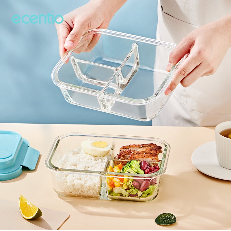 ecentio lunch box kaca 1040ml 3 grid biru kaca borosilicate berkualitas tinggi dan sendok/Free BPA