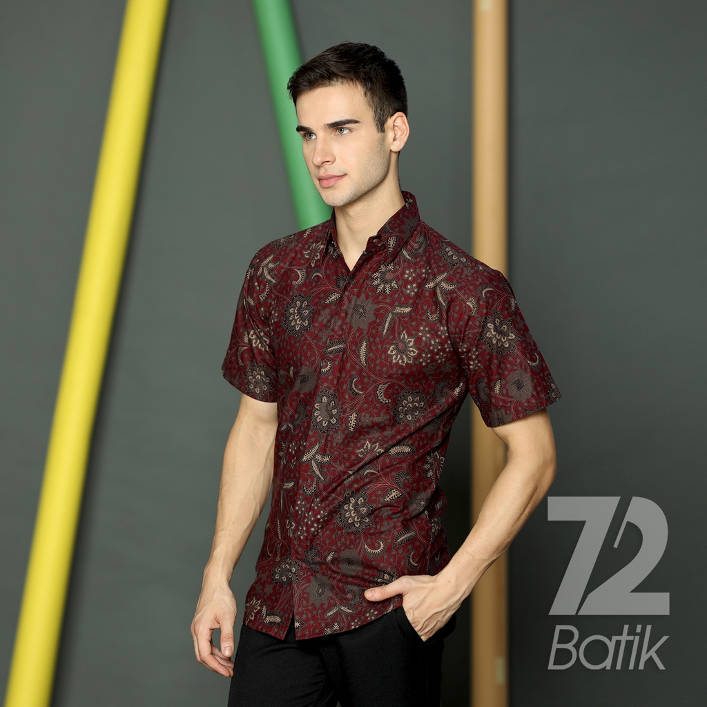 KEMEJA BATIK PRIA Lengan Pendek Premium Kembang Setaman Merah Maroon 722665 Cap 72 - Baju Kemeja Atasan Pakaian Setelan Batik Pria Cowok Laki Laki Remaja Keluarga Kantor Lengan Panjang Modern Slimfit Slim Fit Premium Kekinian