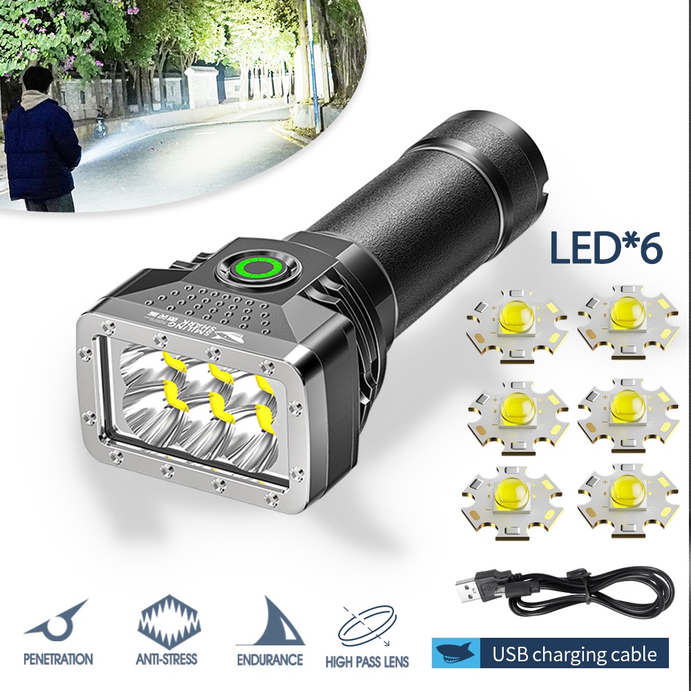 Lampu Senter Darurat 6-led 4-mode Super Terang USB Rechargeable Untuk Hiking / Camping / Survival