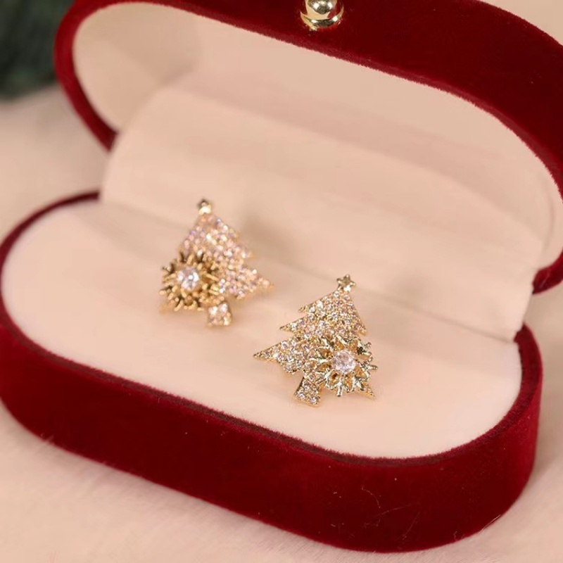 Anting stud Desain Pohon Natal snowflake Aksen Berlian Zirkon Untuk Wanita