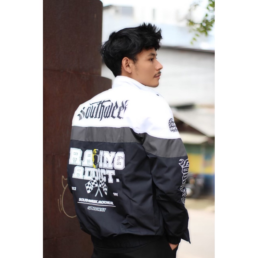 Southweek Jaket Pria Nascar Racing Vintage Sunmori Original Produk Parasut Hitam Putih Motif Sablon Bordir