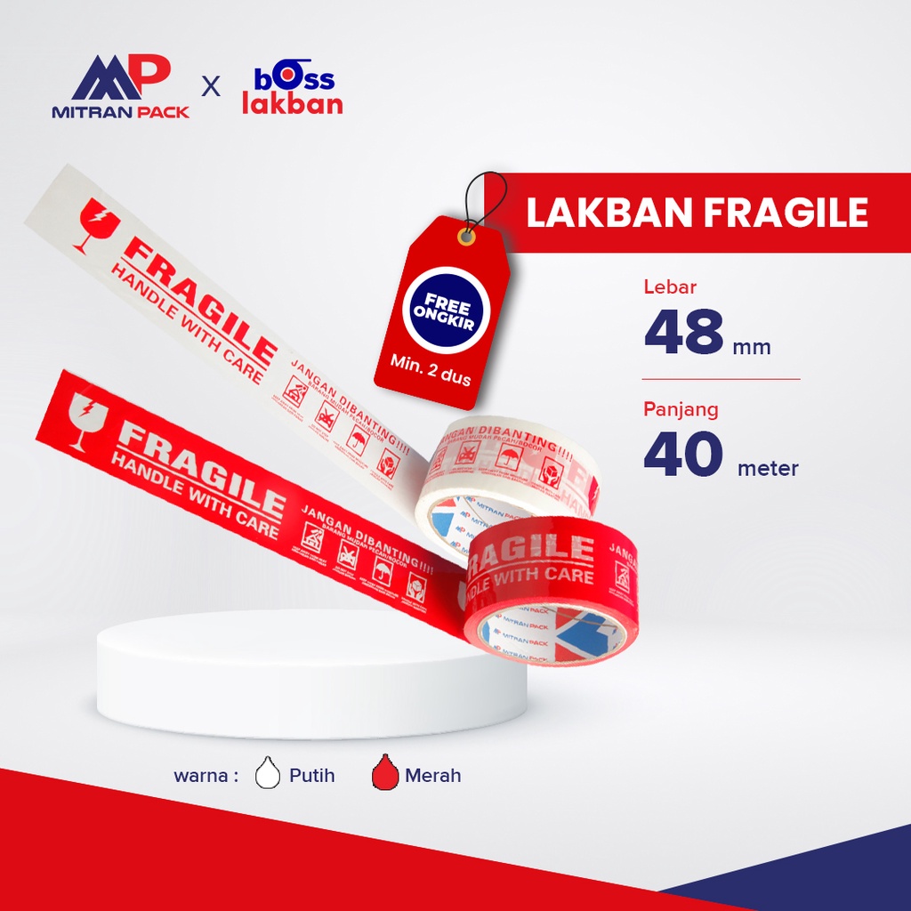 

Lakban printing "FRAGILE" MERAH 48mm x 40 meter ekonomis Mitran Pack
