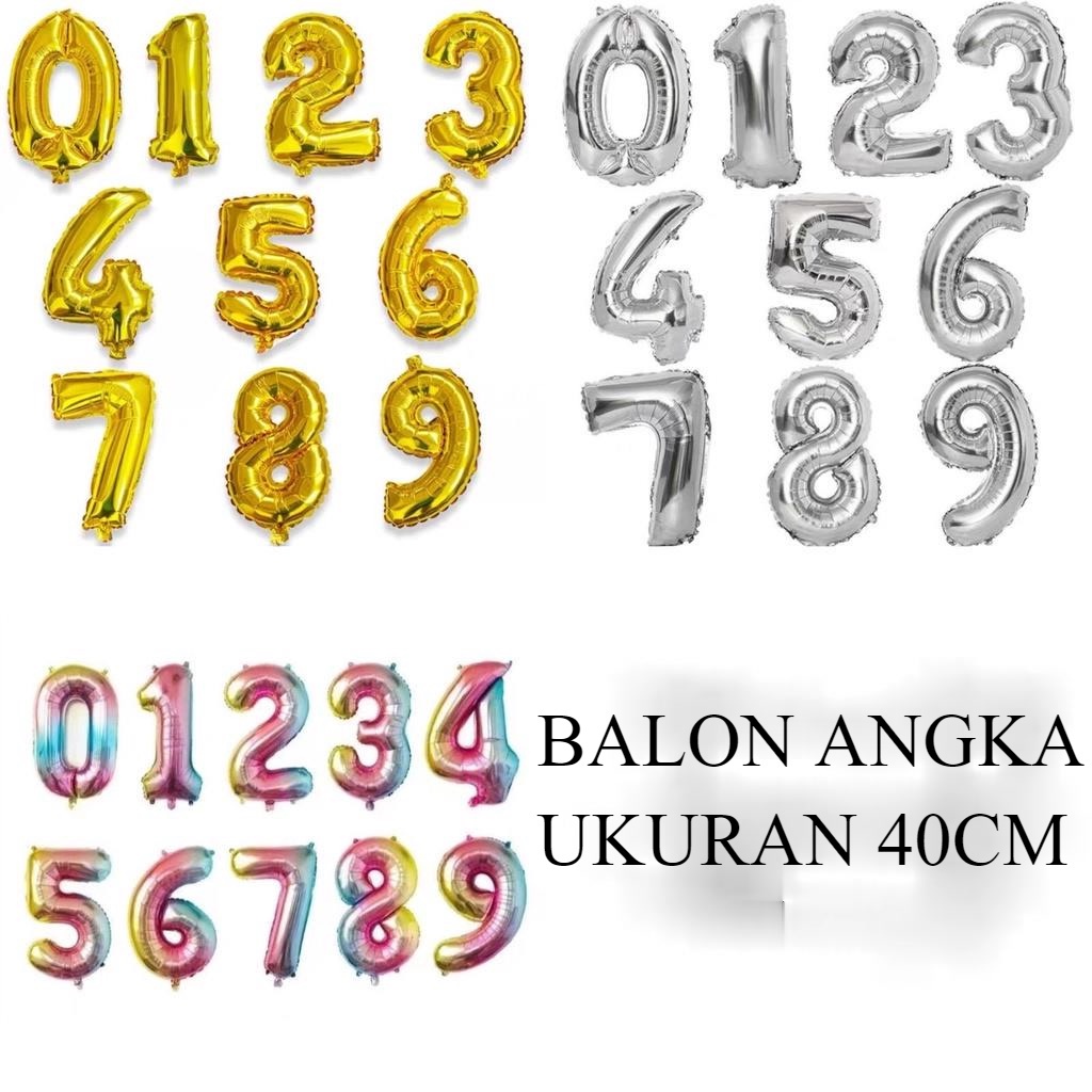 Balon Foil Angka Gold / Silver / Rainbow Ukuran 40 cm / 16 inch / Balon Angka 40cm